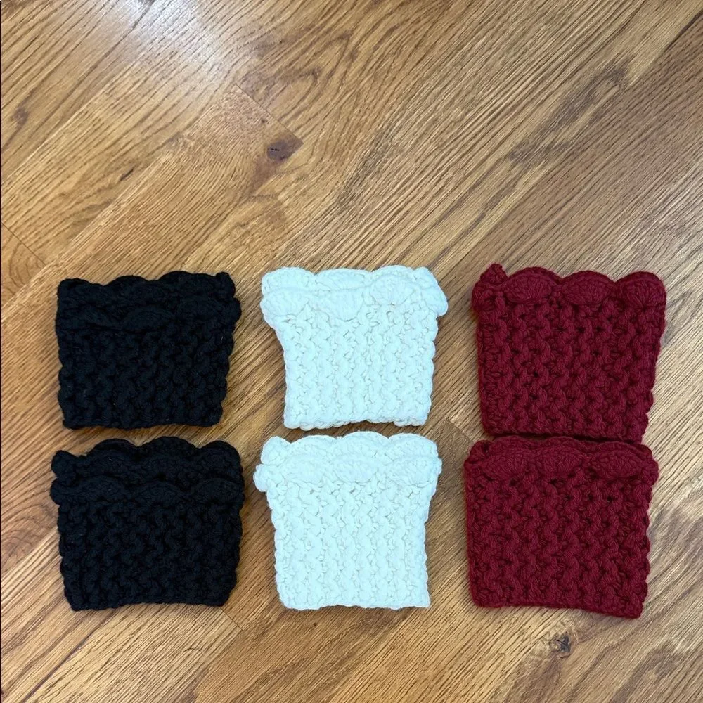 Handmade Crochet Boot Cuffs – Set of 3 Pairs, Scallop Edge, Black Ivory Burgundy